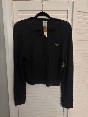 PINK Victoria's Secret Black Waffle Henley Long-Sleeve Top